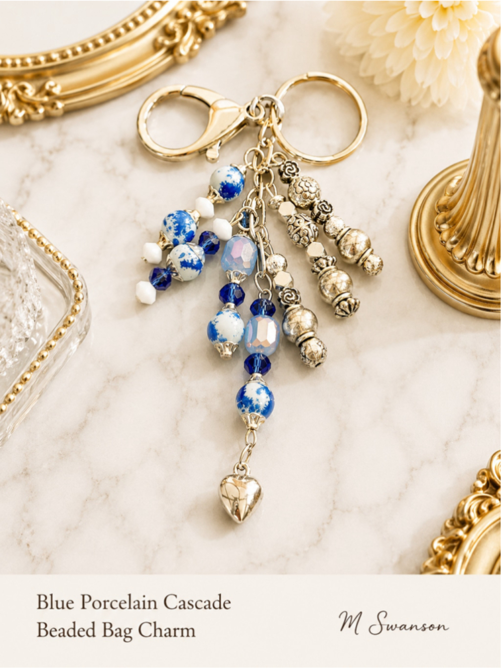 NEW Sky Blue Silver Heart Crystal Beaded Bag Charm Keychain Handmade (#07)